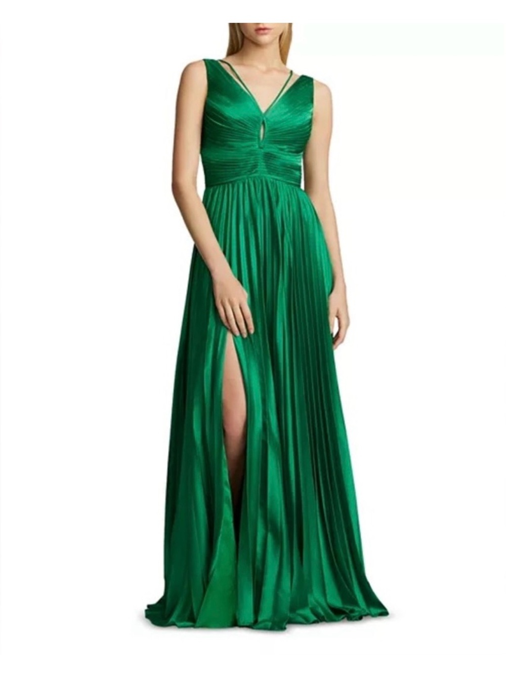 Zac Posen Satin Emerald Green V-Neck Pleated Maxi Gown NWT